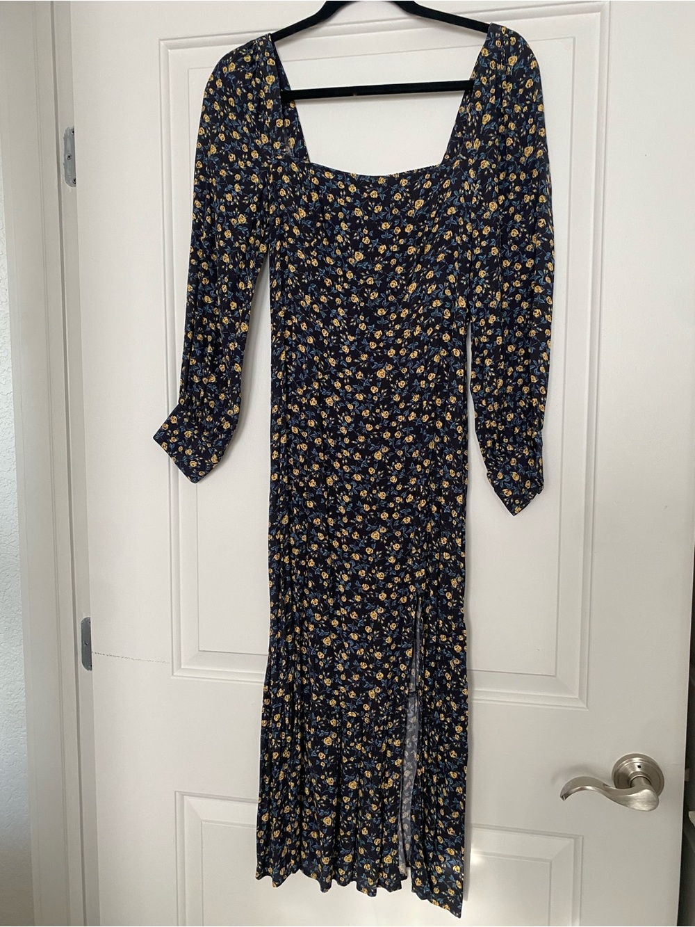 PAIGE Navy Floral Square-Neck Long Sleeve Midi Dress